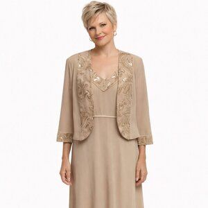 LE BOS Size 10 Champagne Mother of Bride Sleeveless Dress & Sheer Jacket NEW